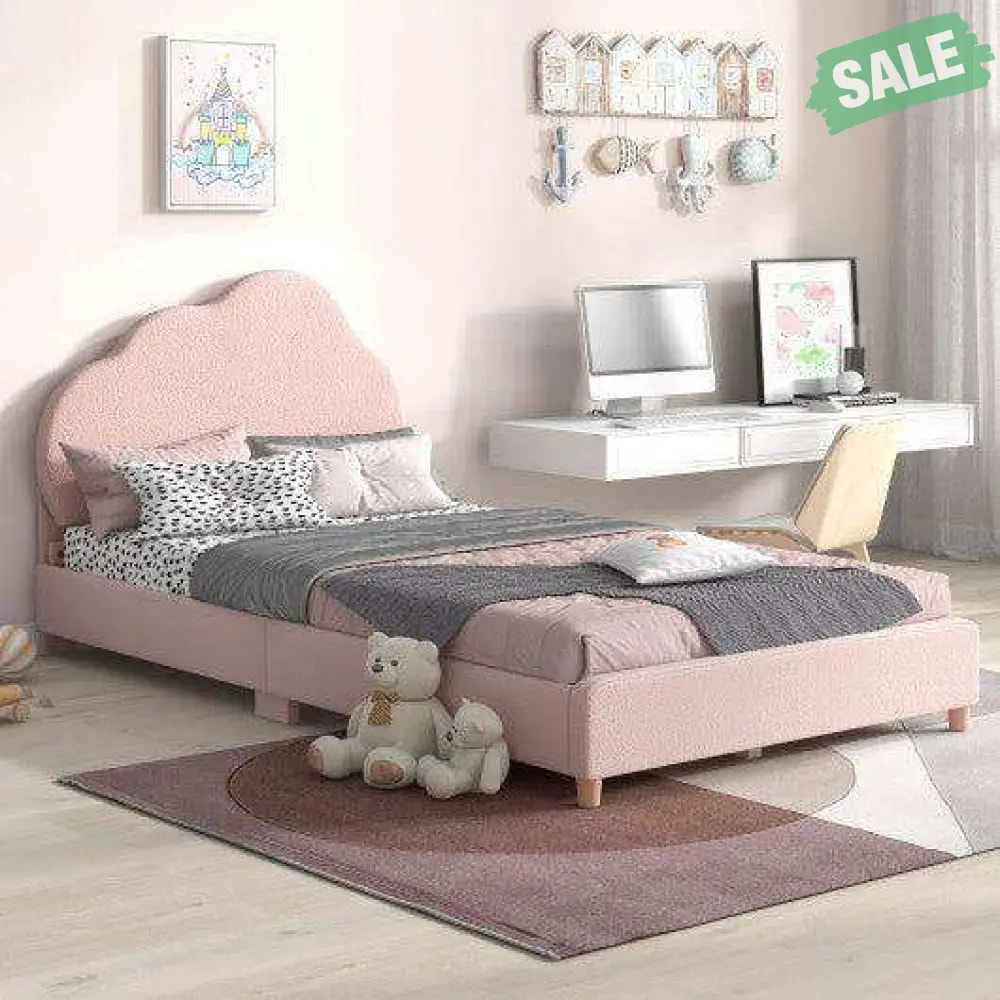 Twin Bed Frame with Height-Adjustable Headboard and Sturdy Wooden Slats-Gradient Pink Toddler Beds