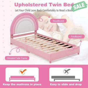 Twin Bed Frame with Height-Adjustable Headboard and Sturdy Wooden Slats-Gradient Pink Toddler Beds