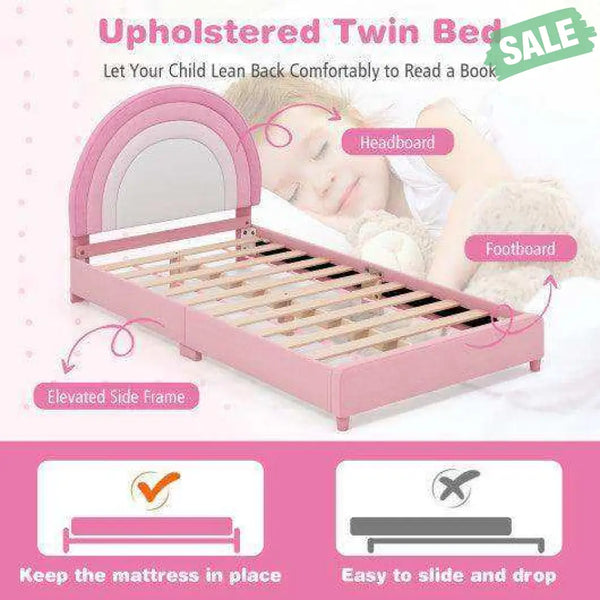 Twin Bed Frame with Height-Adjustable Headboard and Sturdy Wooden Slats-Gradient Pink Toddler Beds