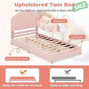 Twin Bed Frame with Height-Adjustable Headboard and Sturdy Wooden Slats-Gradient Pink Toddler Beds