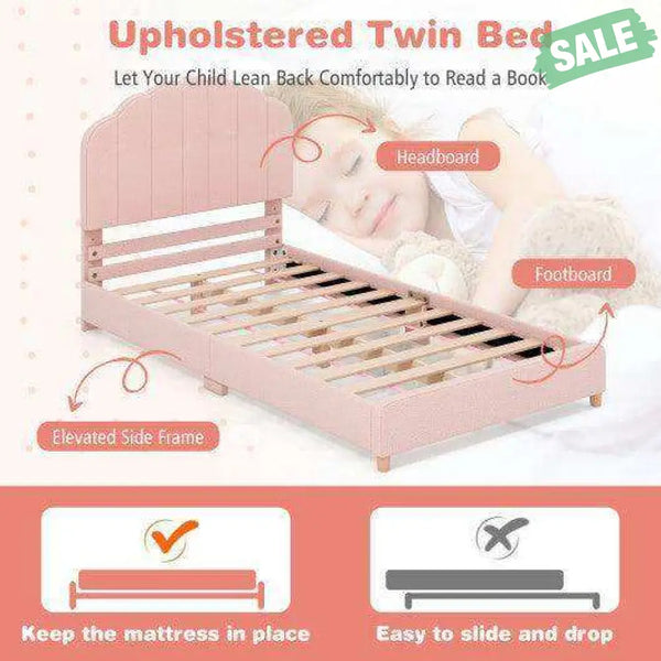 Twin Bed Frame with Height-Adjustable Headboard and Sturdy Wooden Slats-Gradient Pink Toddler Beds