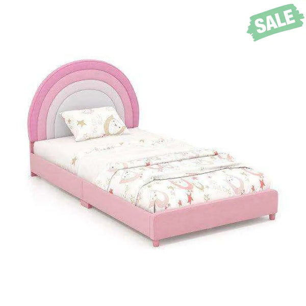 Twin Bed Frame with Height-Adjustable Headboard and Sturdy Wooden Slats-Gradient Pink Toddler Beds