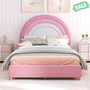 Twin Bed Frame with Height-Adjustable Headboard and Sturdy Wooden Slats-Gradient Pink Toddler Beds