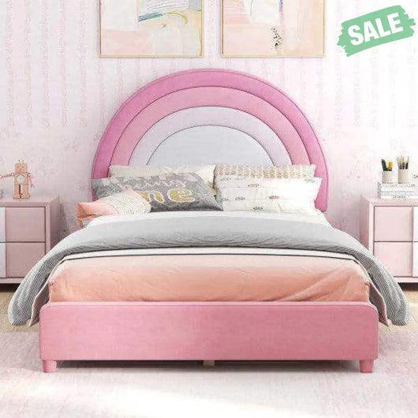 Twin Bed Frame with Height-Adjustable Headboard and Sturdy Wooden Slats-Gradient Pink Toddler Beds