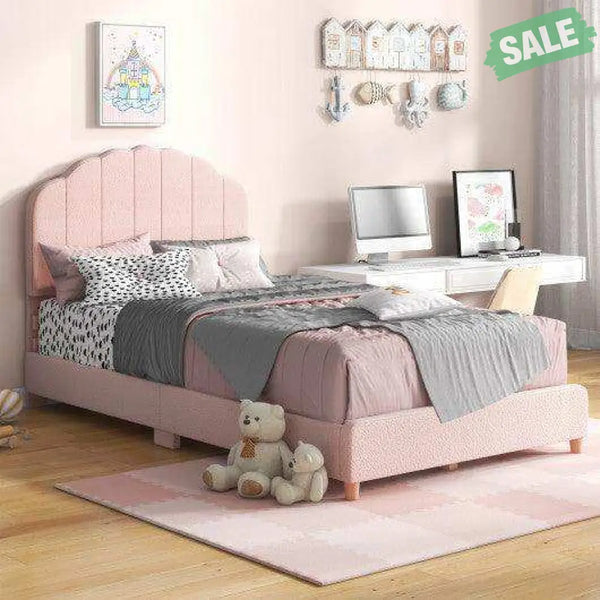 Twin Bed Frame with Height-Adjustable Headboard and Sturdy Wooden Slats-Gradient Pink Toddler Beds