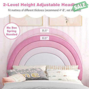 Twin Bed Frame with Height-Adjustable Headboard and Sturdy Wooden Slats-Gradient Pink White & Pink Toddler Beds