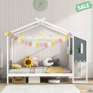 Twin/Full Bed Frame with House Roof Canopy and Fence for Kids-Twin Size Toddler Beds
