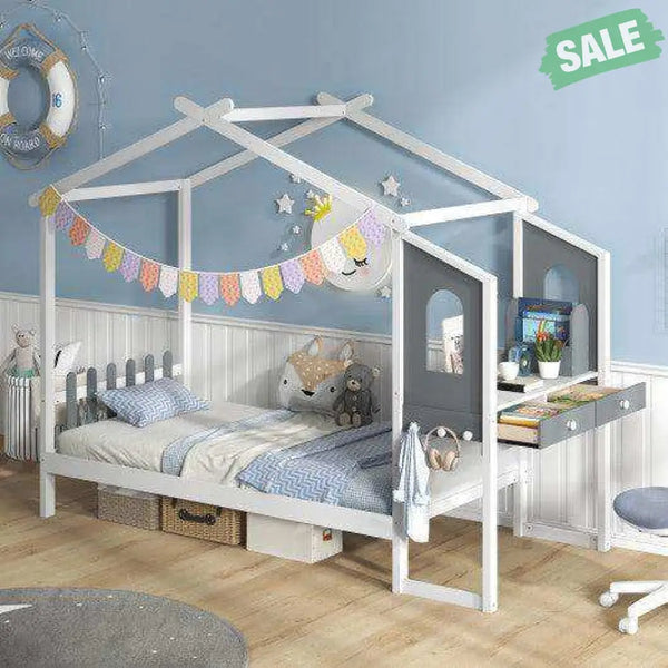 Twin/Full Bed Frame with House Roof Canopy and Fence for Kids-Twin Size Toddler Beds