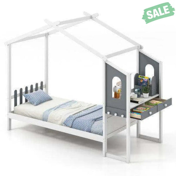 Twin/Full Bed Frame with House Roof Canopy and Fence for Kids-Twin Size Toddler Beds