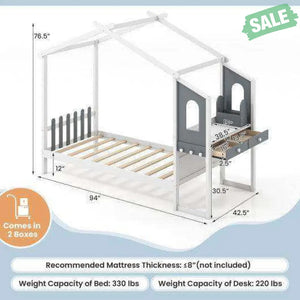 Twin/Full Bed Frame with House Roof Canopy and Fence for Kids-Twin Size Toddler Beds
