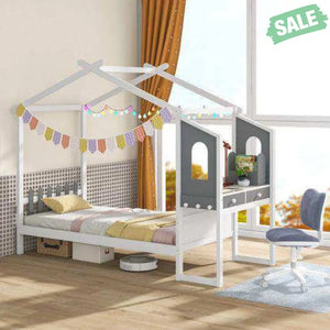 Twin/Full Bed Frame with House Roof Canopy and Fence for Kids-Twin Size Toddler Beds