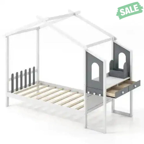 Twin/Full Bed Frame with House Roof Canopy and Fence for Kids-Twin Size Toddler Beds