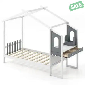 Twin/Full Bed Frame with House Roof Canopy and Fence for Kids-Twin Size Toddler Beds