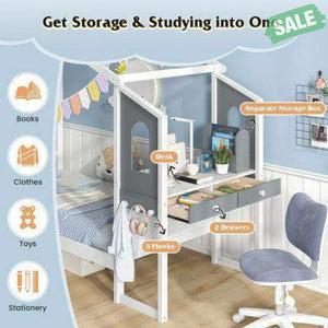 Twin/Full Bed Frame with House Roof Canopy and Fence for Kids-Twin Size White Toddler Beds