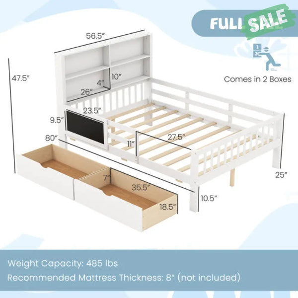 Twin/Full Size Bed Frame with 2 Drawers and Bookcase for Boys and Girls-Twin Size Toddler Beds