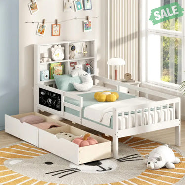 Twin/Full Size Bed Frame with 2 Drawers and Bookcase for Boys and Girls-Twin Size Toddler Beds