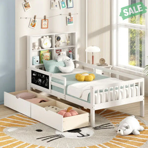 Twin/Full Size Bed Frame with 2 Drawers and Bookcase for Boys and Girls-Twin Size Toddler Beds