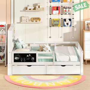 Twin/Full Size Bed Frame with 2 Drawers and Bookcase for Boys and Girls-Twin Size Full Size Toddler Beds