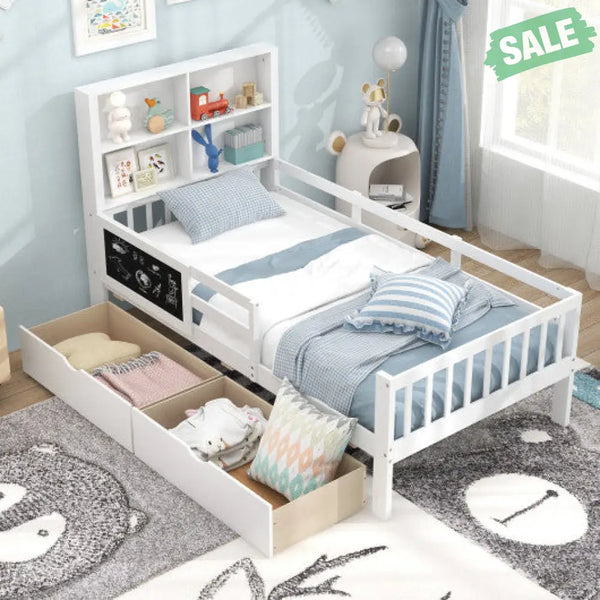 Twin/Full Size Bed Frame with 2 Drawers and Bookcase for Boys and Girls-Twin Size Toddler Beds