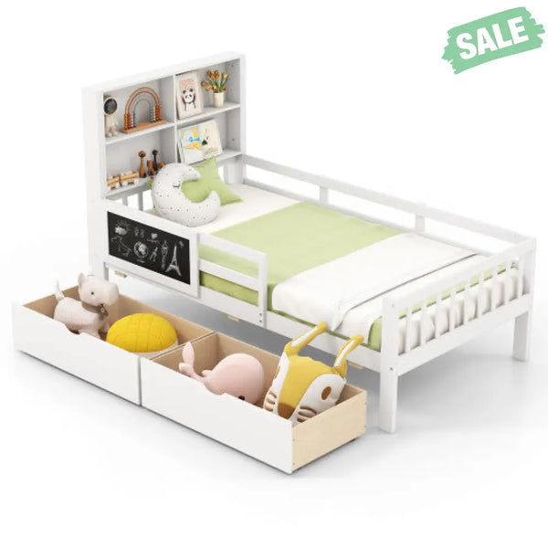 Twin/Full Size Bed Frame with 2 Drawers and Bookcase for Boys and Girls-Twin Size Toddler Beds