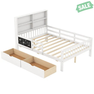 Twin/Full Size Bed Frame with 2 Drawers and Bookcase for Boys and Girls-Twin Size Toddler Beds