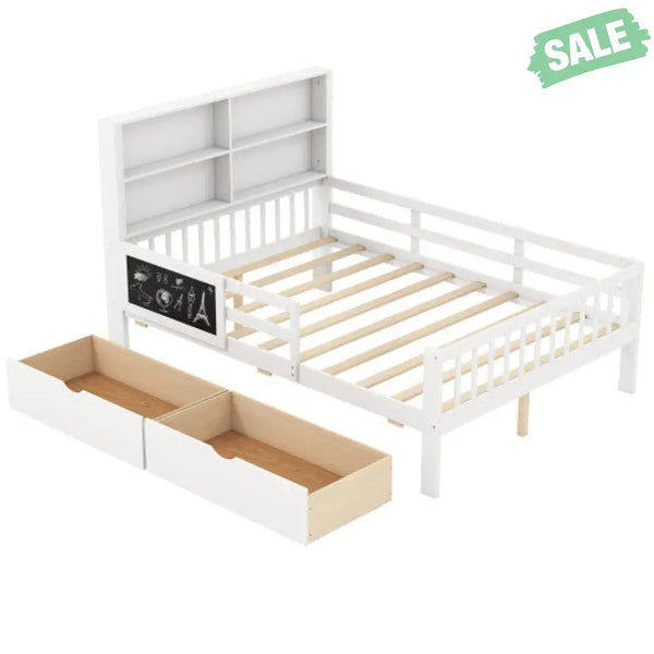 Twin/Full Size Bed Frame with 2 Drawers and Bookcase for Boys and Girls-Twin Size Toddler Beds