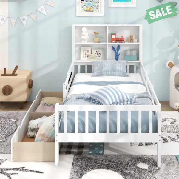 Twin/Full Size Bed Frame with 2 Drawers and Bookcase for Boys and Girls-Twin Size Toddler Beds