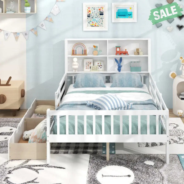 Twin/Full Size Bed Frame with 2 Drawers and Bookcase for Boys and Girls-Twin Size Toddler Beds