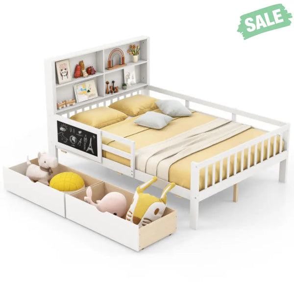 Twin/Full Size Bed Frame with 2 Drawers and Bookcase for Boys and Girls-Twin Size Toddler Beds