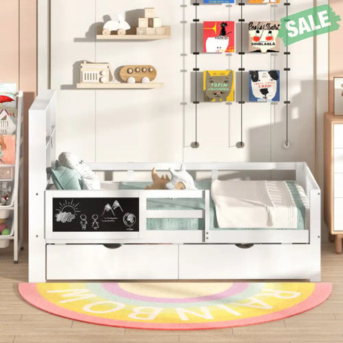 Twin/Full Size Bed Frame with 2 Drawers and Bookcase for Boys and Girls-Twin Size Twin Size Toddler Beds