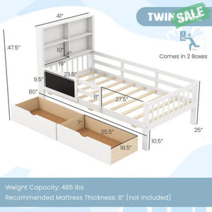 Twin/Full Size Bed Frame with 2 Drawers and Bookcase for Boys and Girls-Twin Size Toddler Beds