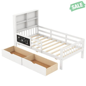 Twin/Full Size Bed Frame with 2 Drawers and Bookcase for Boys and Girls-Twin Size Toddler Beds