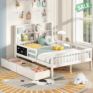 Twin/Full Size Bed Frame with 2 Drawers and Bookcase for Boys and Girls-Twin Size Toddler Beds
