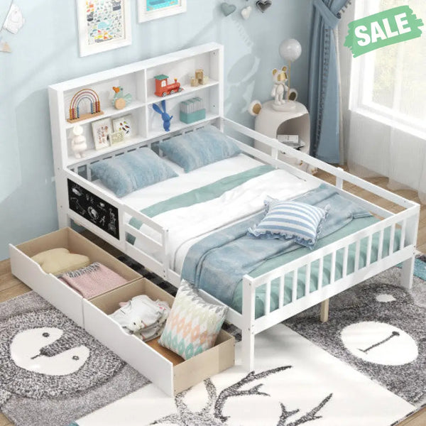 Twin/Full Size Bed Frame with 2 Drawers and Bookcase for Boys and Girls-Twin Size Toddler Beds