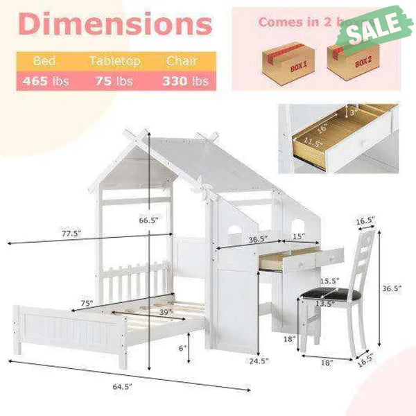 Twin House Bed with with 2 Drawers and Windmill-White Toddler Beds