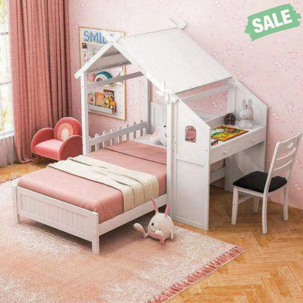 Twin House Bed with with 2 Drawers and Windmill-White Toddler Beds
