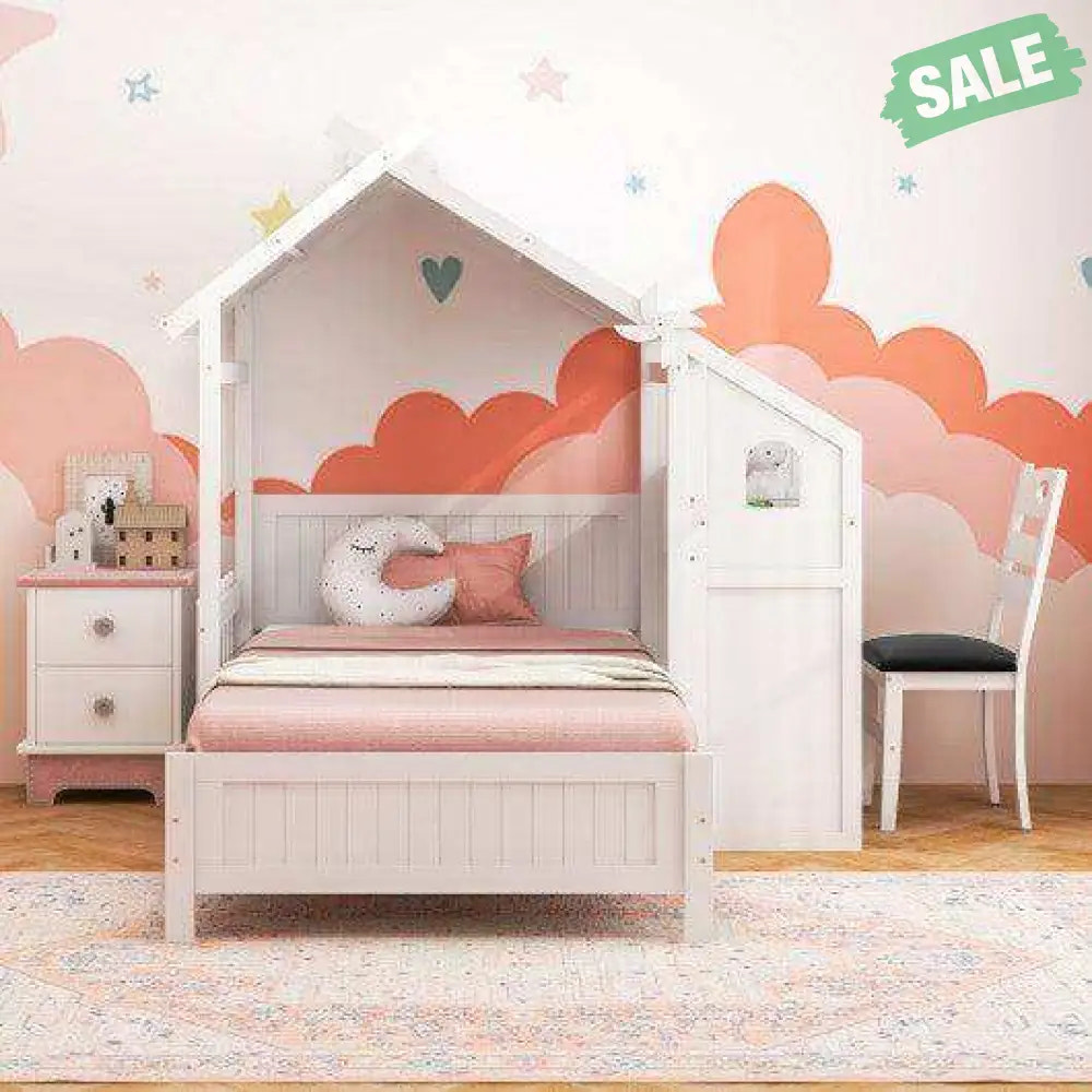 Twin House Bed with with 2 Drawers and Windmill-White Toddler Beds