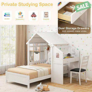 Twin House Bed with with 2 Drawers and Windmill-White Toddler Beds