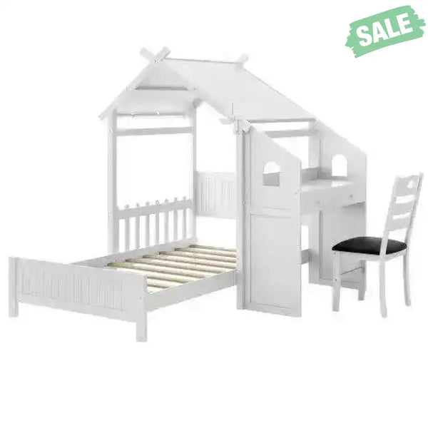 Twin House Bed with with 2 Drawers and Windmill-White Toddler Beds