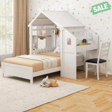 Twin House Bed with with 2 Drawers and Windmill-White Toddler Beds