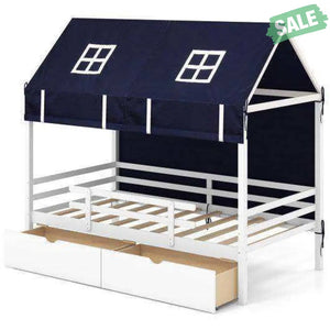 Twin House Bed with Tent and 2 Storage Drawers for Kids-White White Toddler Beds