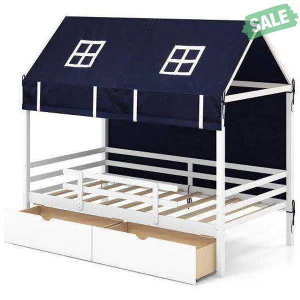 Twin House Bed with Tent and 2 Storage Drawers for Kids-White White Toddler Beds