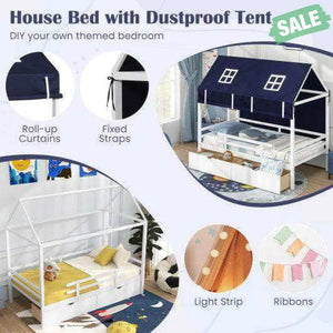 Twin House Bed with Tent and 2 Storage Drawers for Kids-White White Toddler Beds