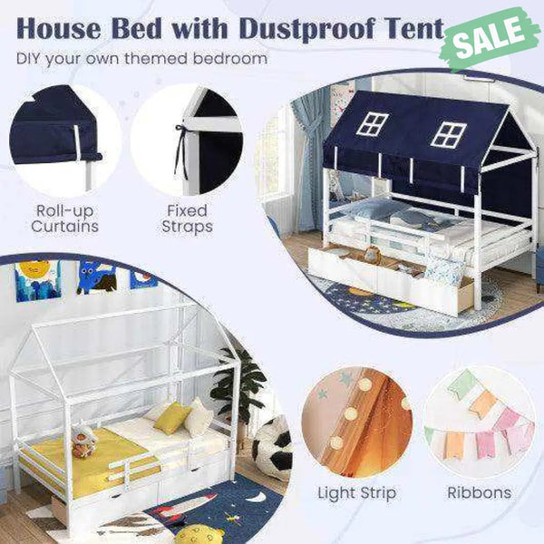 Twin House Bed with Tent and 2 Storage Drawers for Kids-White White Toddler Beds