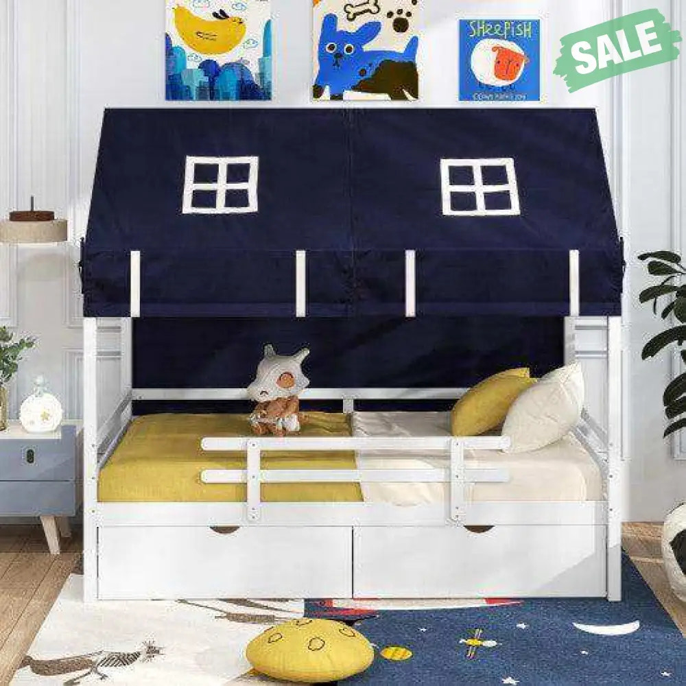 Twin House Bed with Tent and 2 Storage Drawers for Kids-White White Toddler Beds