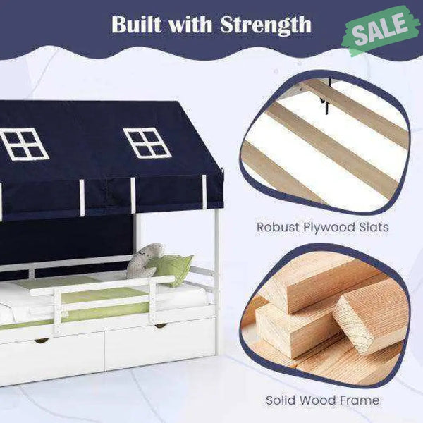Twin House Bed with Tent and 2 Storage Drawers for Kids-White White Toddler Beds
