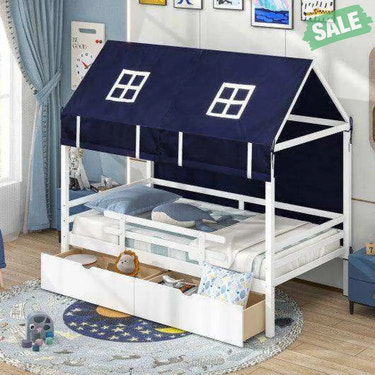 Twin House Bed with Tent and 2 Storage Drawers for Kids-White White Toddler Beds