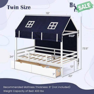 Twin House Bed with Tent and 2 Storage Drawers for Kids-White White Toddler Beds