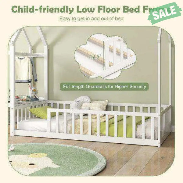 Twin House Floor Bed Montessori Bed Frame with Storage Shelf-White Toddler Beds