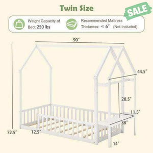 Twin House Floor Bed Montessori Bed Frame with Storage Shelf-White Toddler Beds